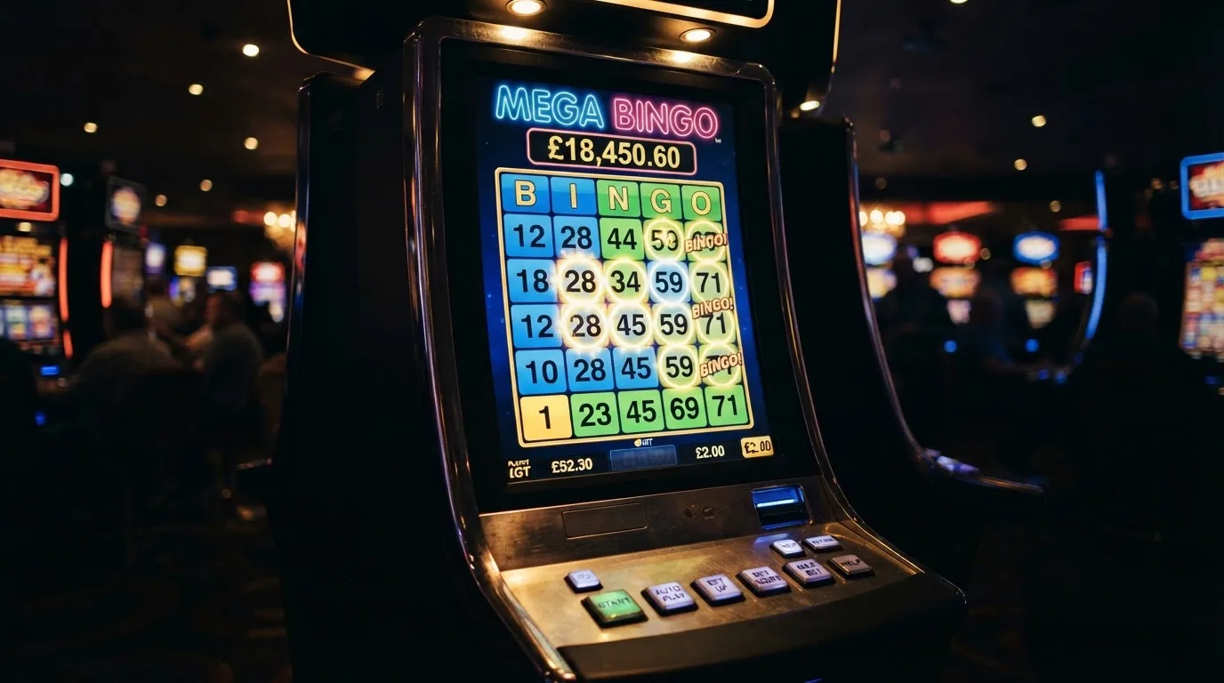 Ekran automatu do gry z kolorową planszą w stylu bingo i podświetlonymi liczbami