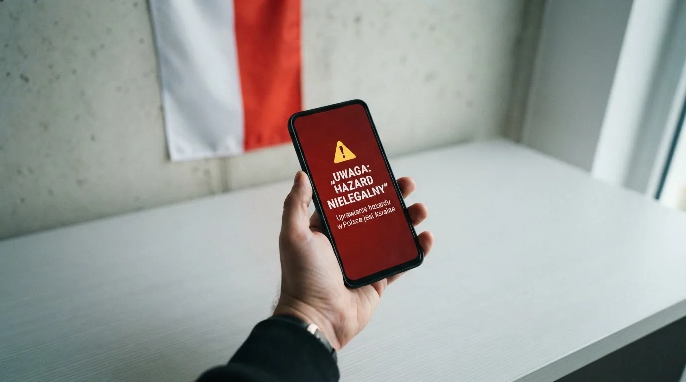 Dłoń trzymająca telefon z widocznym komunikatem ostrzegawczym o legalności hazardu online na tle biało-czerwonej flagi Polski.