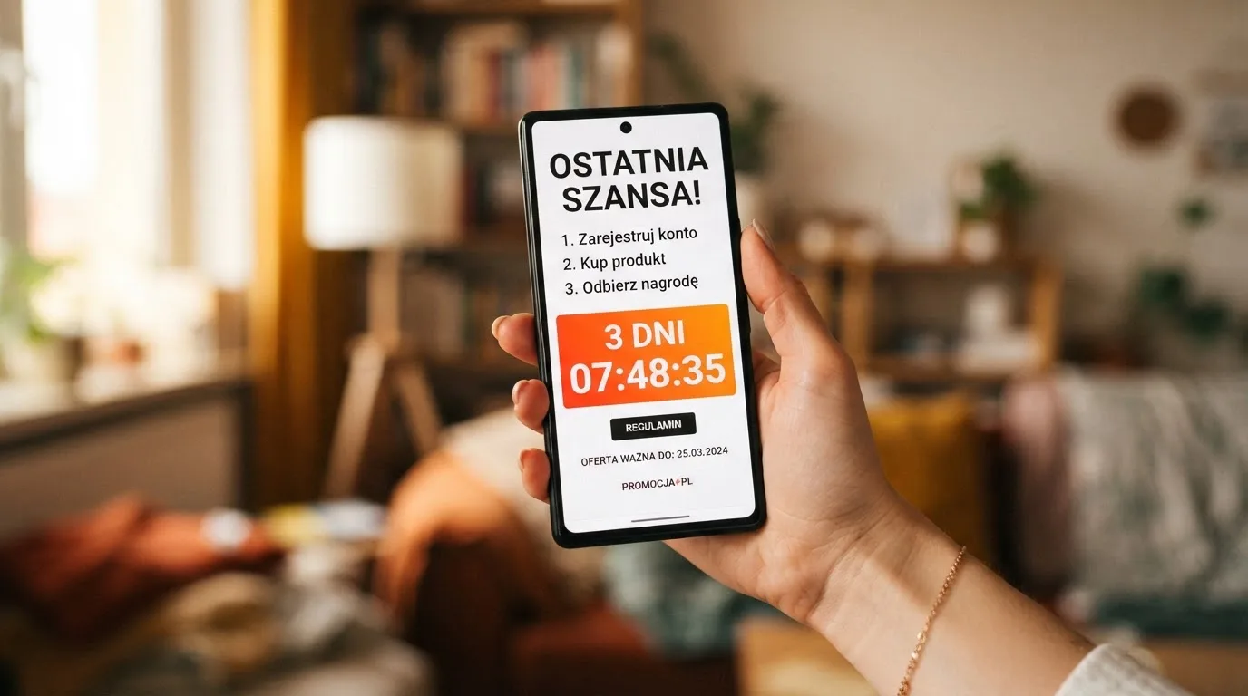 Zbliżenie na telefon z listą warunków promocji i licznikiem odliczającym dni do końca oferty