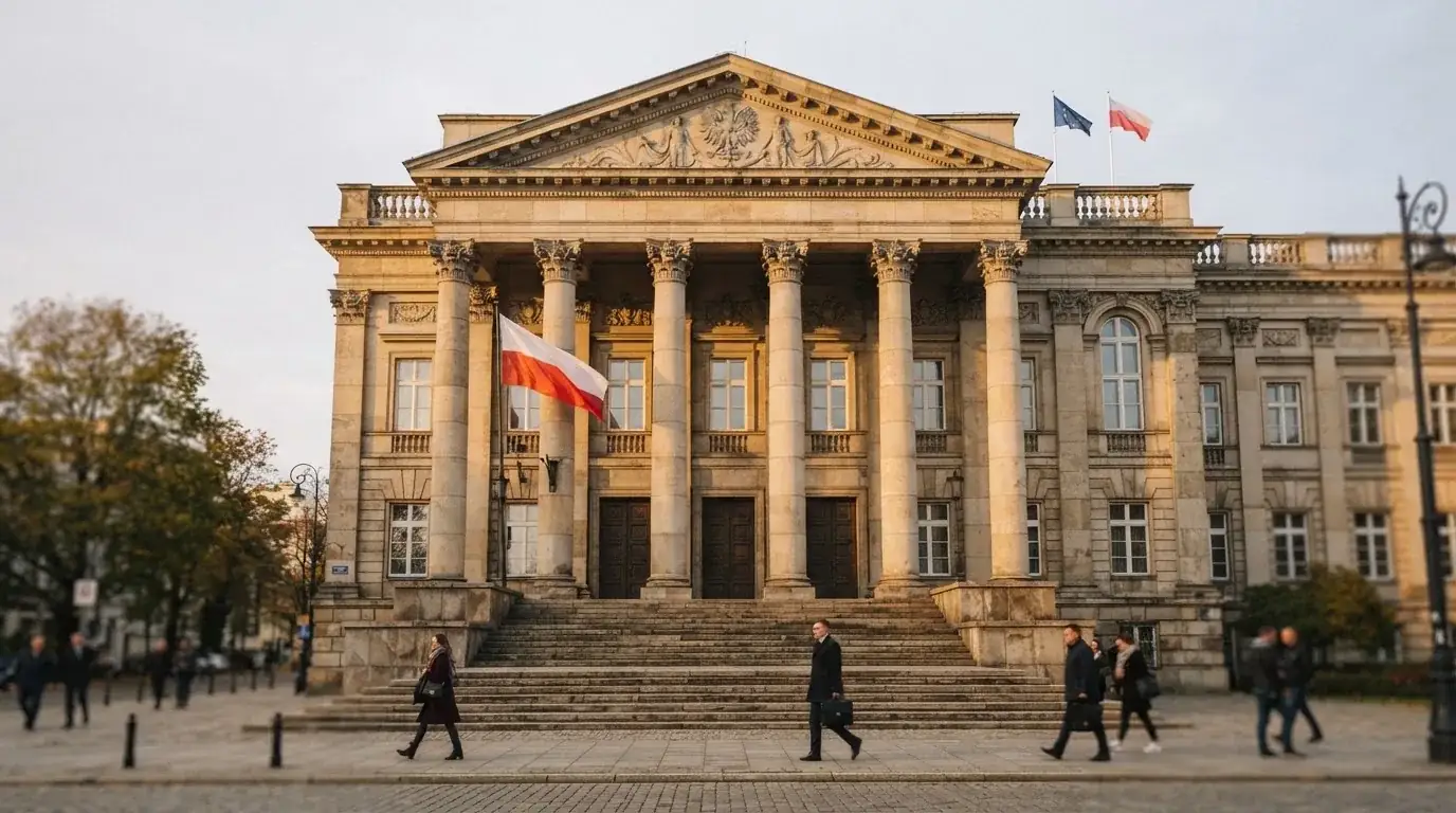 Fasada budynku instytucji państwowej z flagą Polski, symbol nadzoru regulatora nad rynkiem gier hazardowych