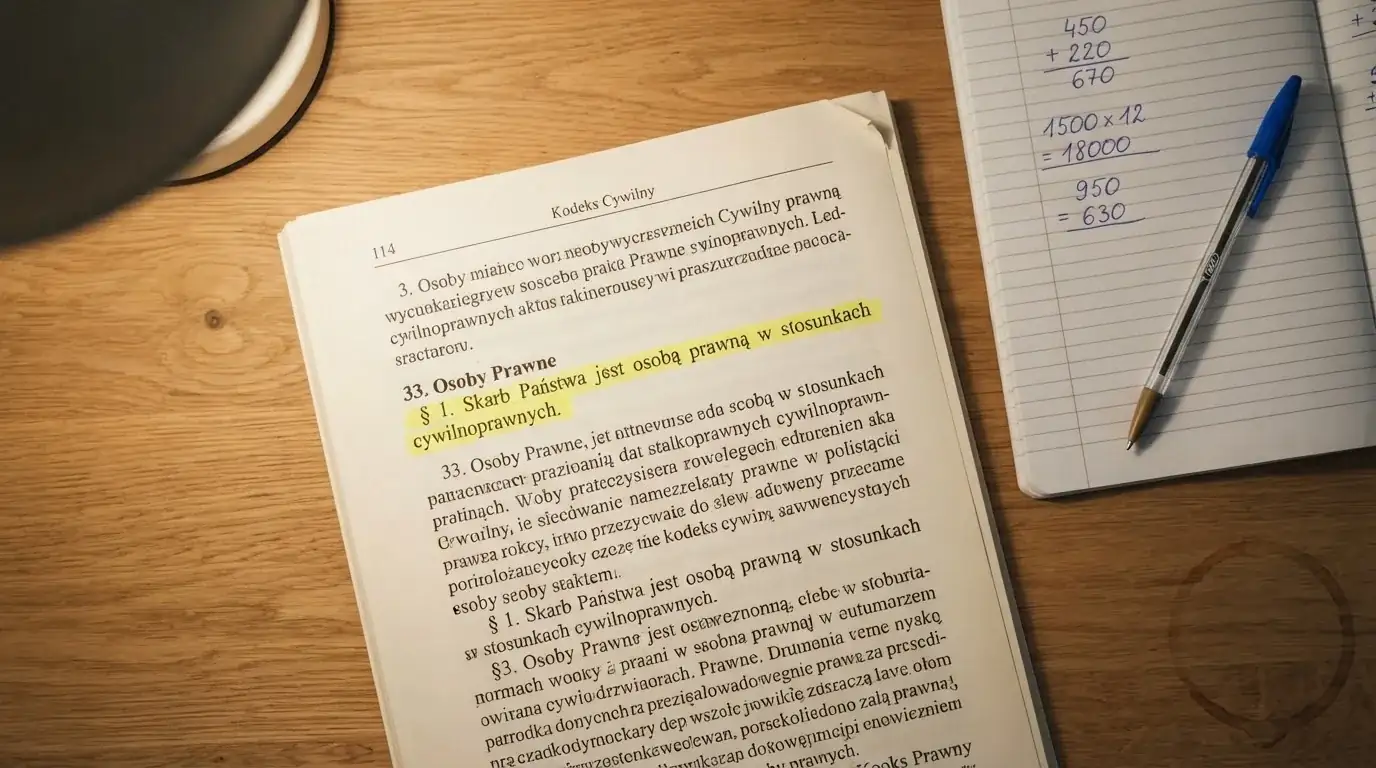 Wydruk kodeksu karnego skarbowego z zakreślonym artykułem obok kalkulatora i długopisu na biurku