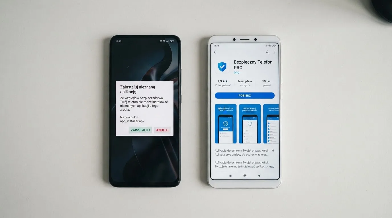 Dwa telefony obok siebie: na jednym komunikat zgody na instalację pliku APK z nieznanego źródła, na drugim strona aplikacji w sklepie z przyciskiem pobierania