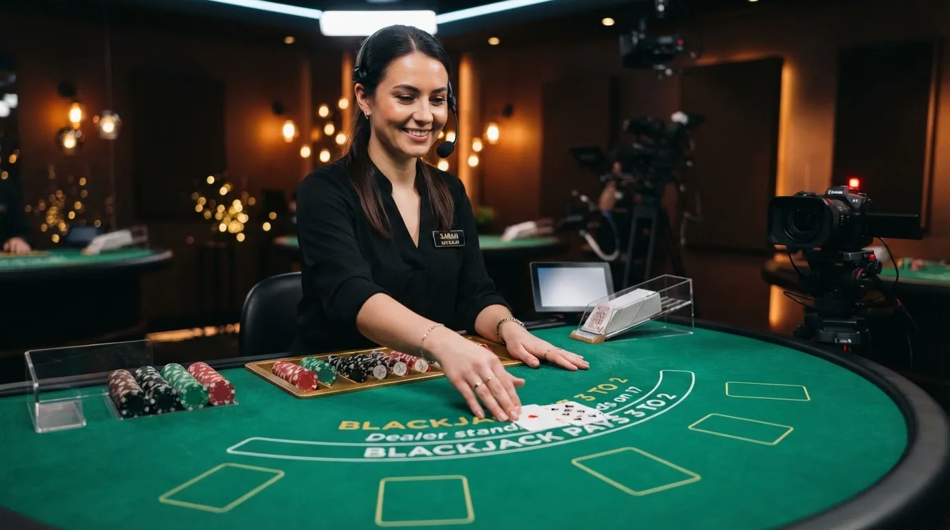Krupier rozdający karty przy stole blackjacka podczas transmisji na żywo