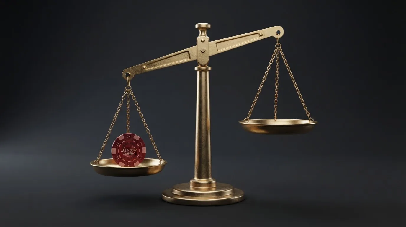 Ikona wagi sądowej obok symbolu kasyna, ilustrująca państwowy monopol na kasyno online w Polsce