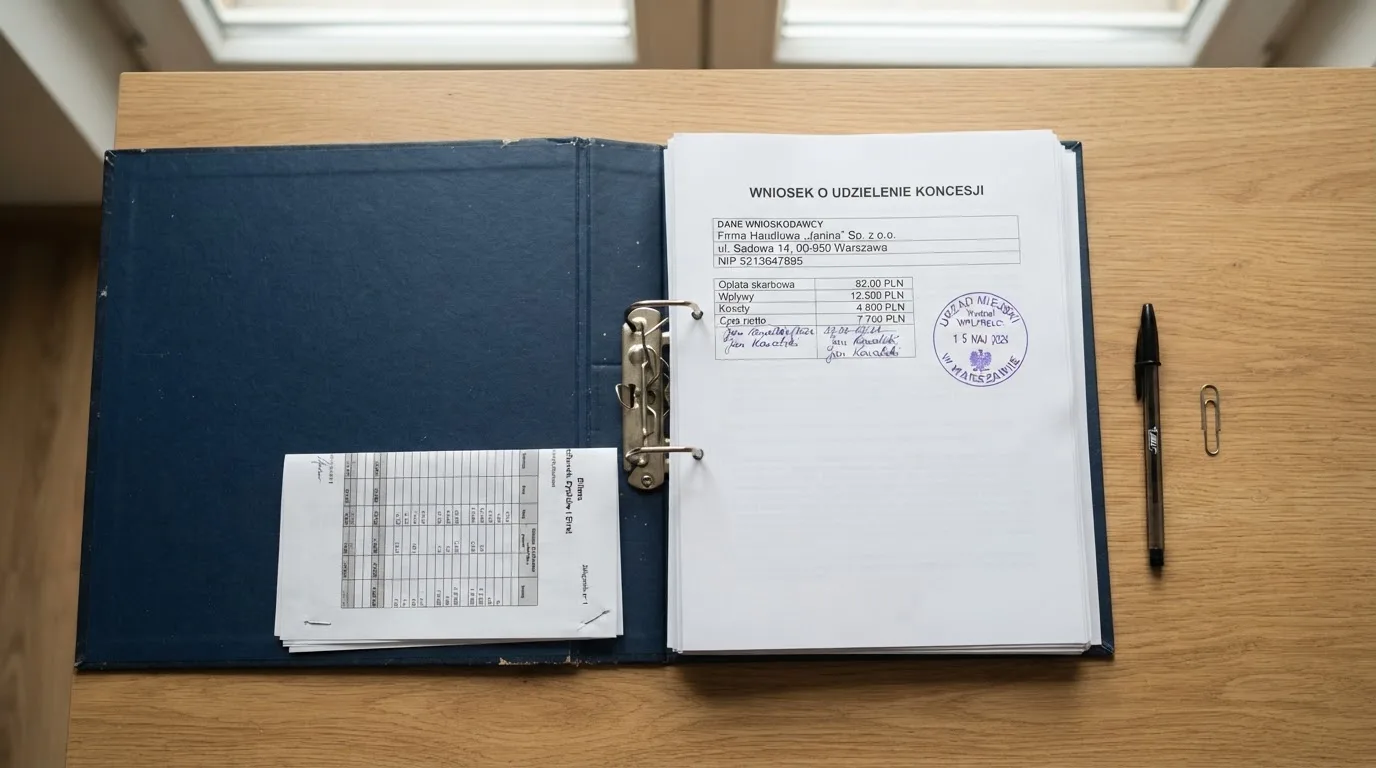Segregator z wnioskiem o koncesję na kasyno gry, wydrukiem sprawozdania finansowego i urzędową pieczątką leżący na biurku