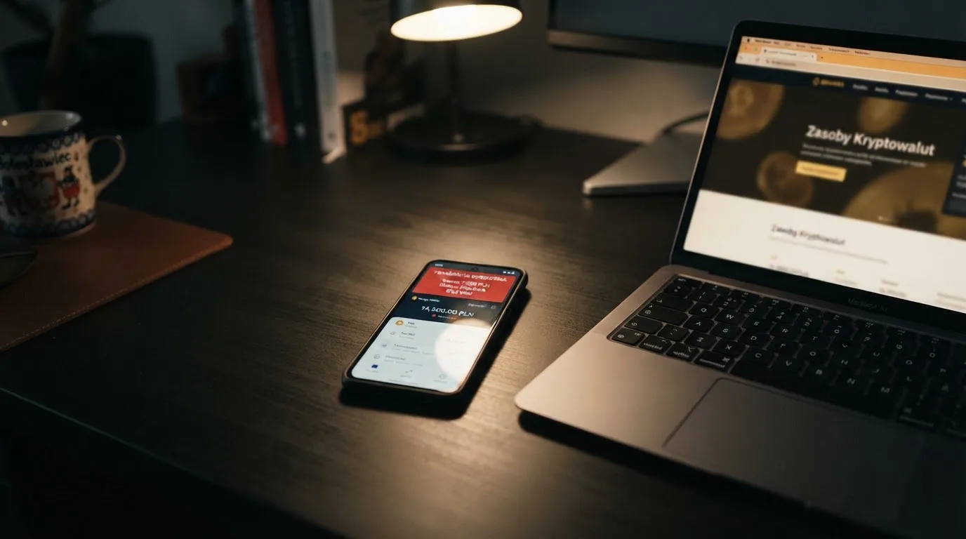 Smartfon z otwartym portfelem kryptowalut i komunikatem o odrzuconej płatności leżący obok laptopa