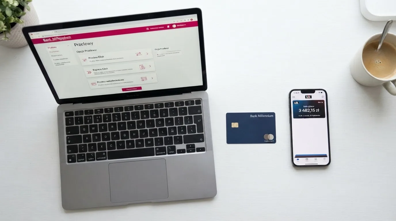 Ekran aplikacji bankowej z wyborem rodzaju przelewu, obok karta płatnicza i telefon z otwartym e-portfelem bez logotypów