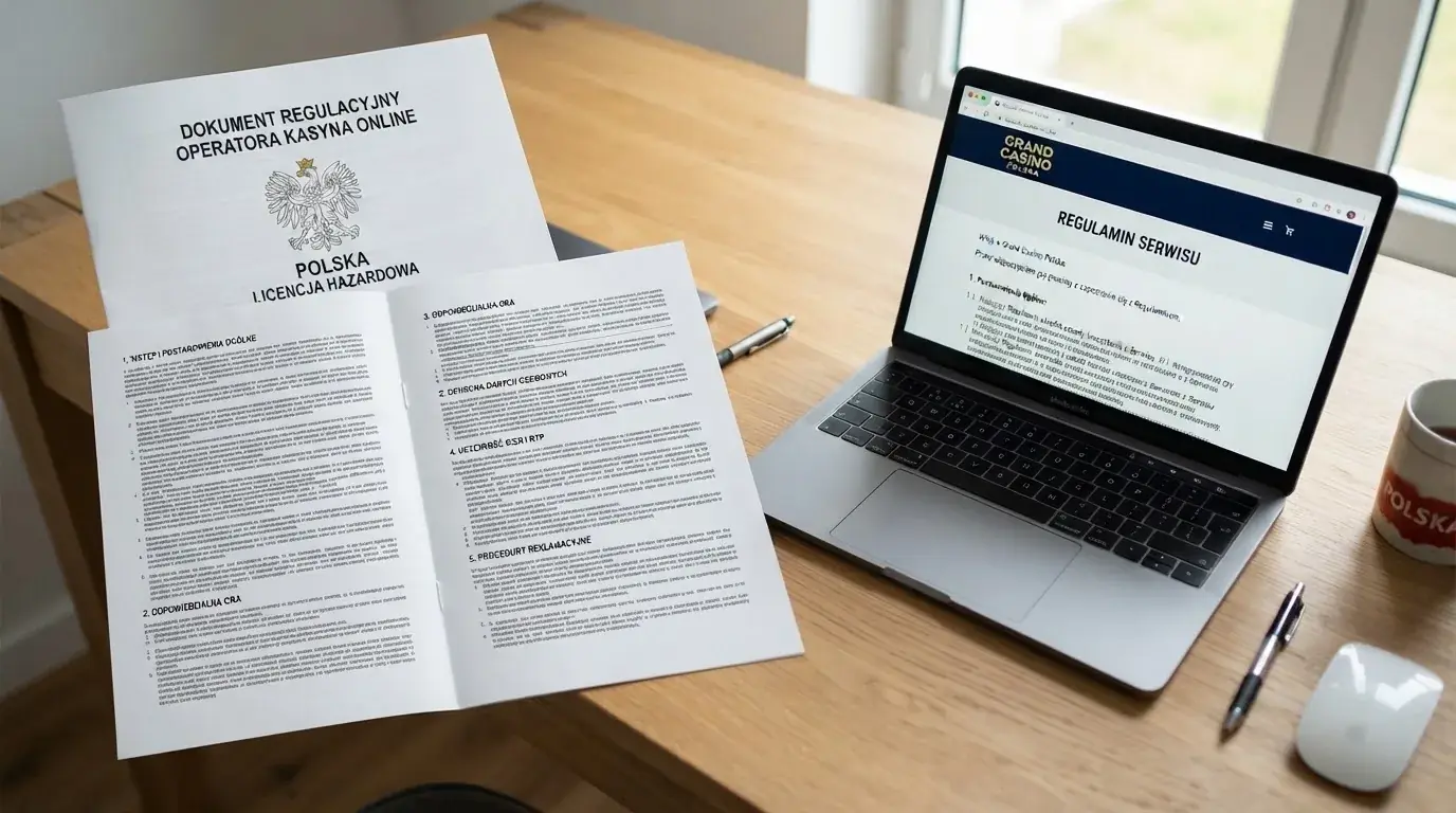 Dokument regulaminu operatora kasyna online rozłożony obok laptopa z otwartą stroną warunków gry