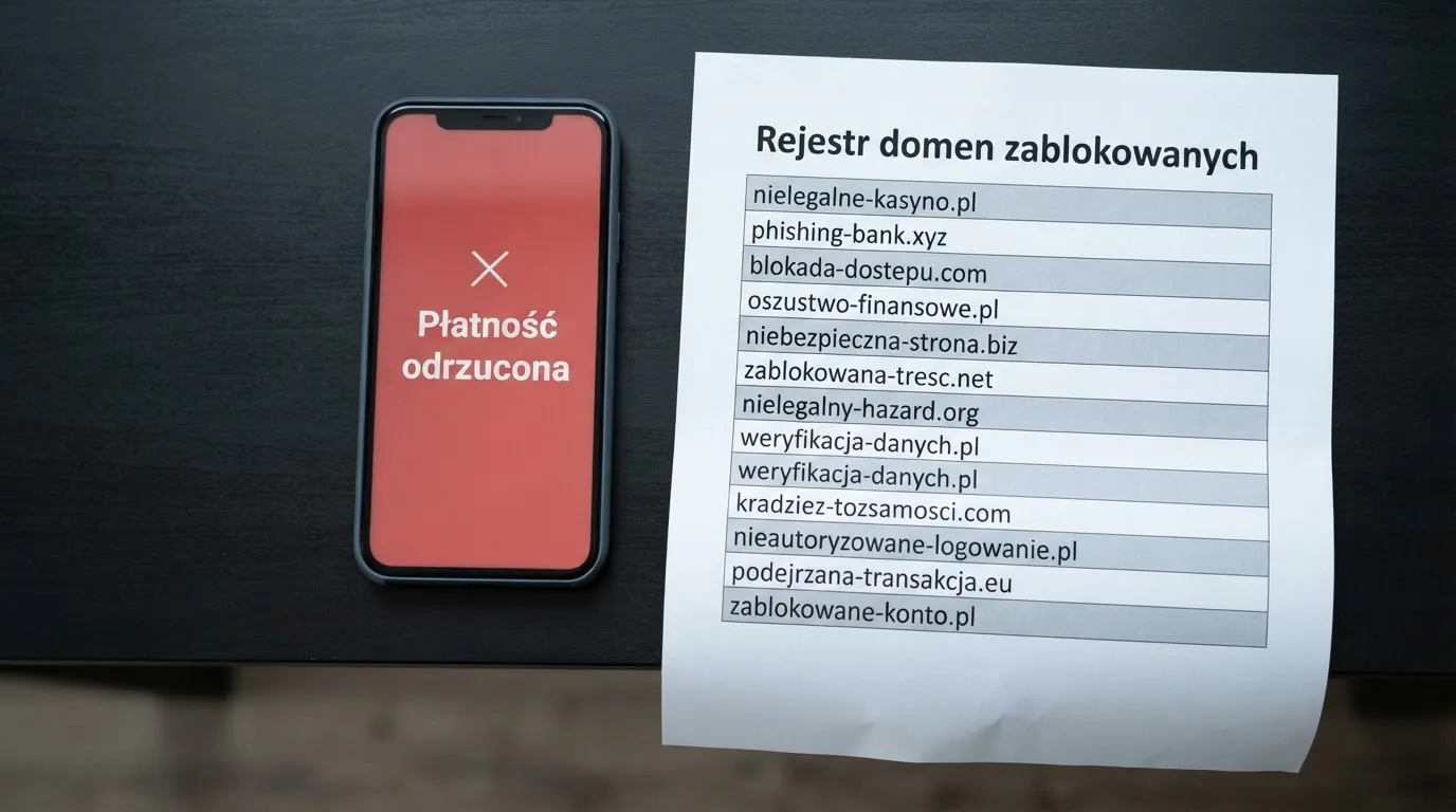Telefon z komunikatem o odrzuconej płatności na ekranie, obok wydruk tabeli z listą zablokowanych adresów stron