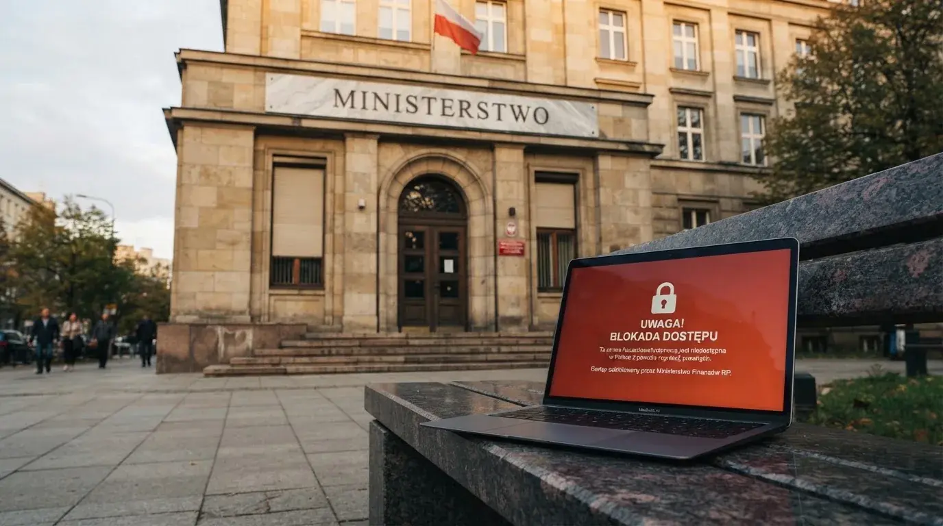 Budynek urzędu z tablicą ministerstwa, na pierwszym planie laptop z komunikatem o zablokowanej stronie kasyna