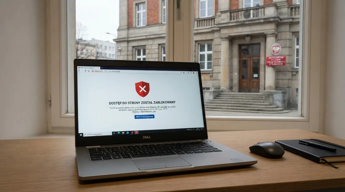 Laptop z komunikatem o zablokowanej stronie hazardowej, w tle budynek urzędu z tablicą ministerstwa