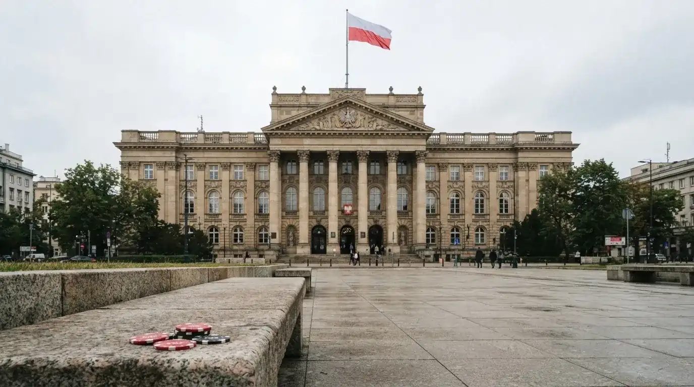 Budynek urzędu administracji państwowej z flagą Polski na maszcie w tle