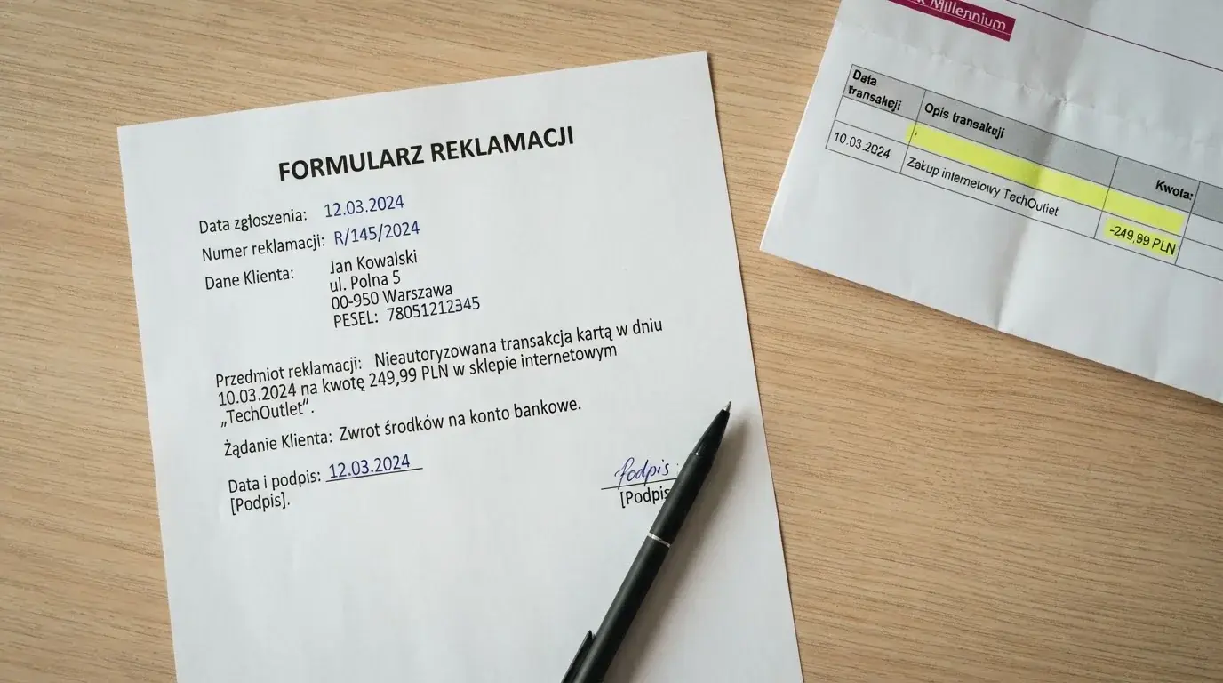 Wydrukowany formularz reklamacji leżący na biurku obok długopisu i wyciągu bankowego z zakreśloną pozycją