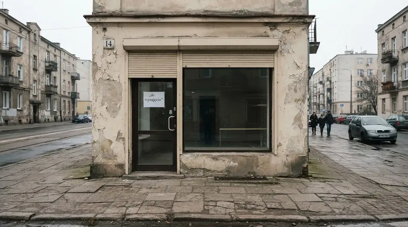 Pusty, zamknięty lokal handlowy z tabliczką „do wynajęcia”, symbolizujący brak działających salonów gry bingo pieniężne