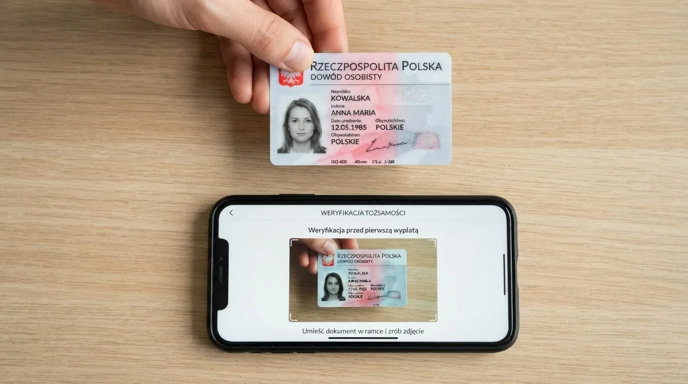 Dłoń trzymająca dowód osobisty nad smartfonem z otwartym formularzem przesyłania zdjęcia dokumentu